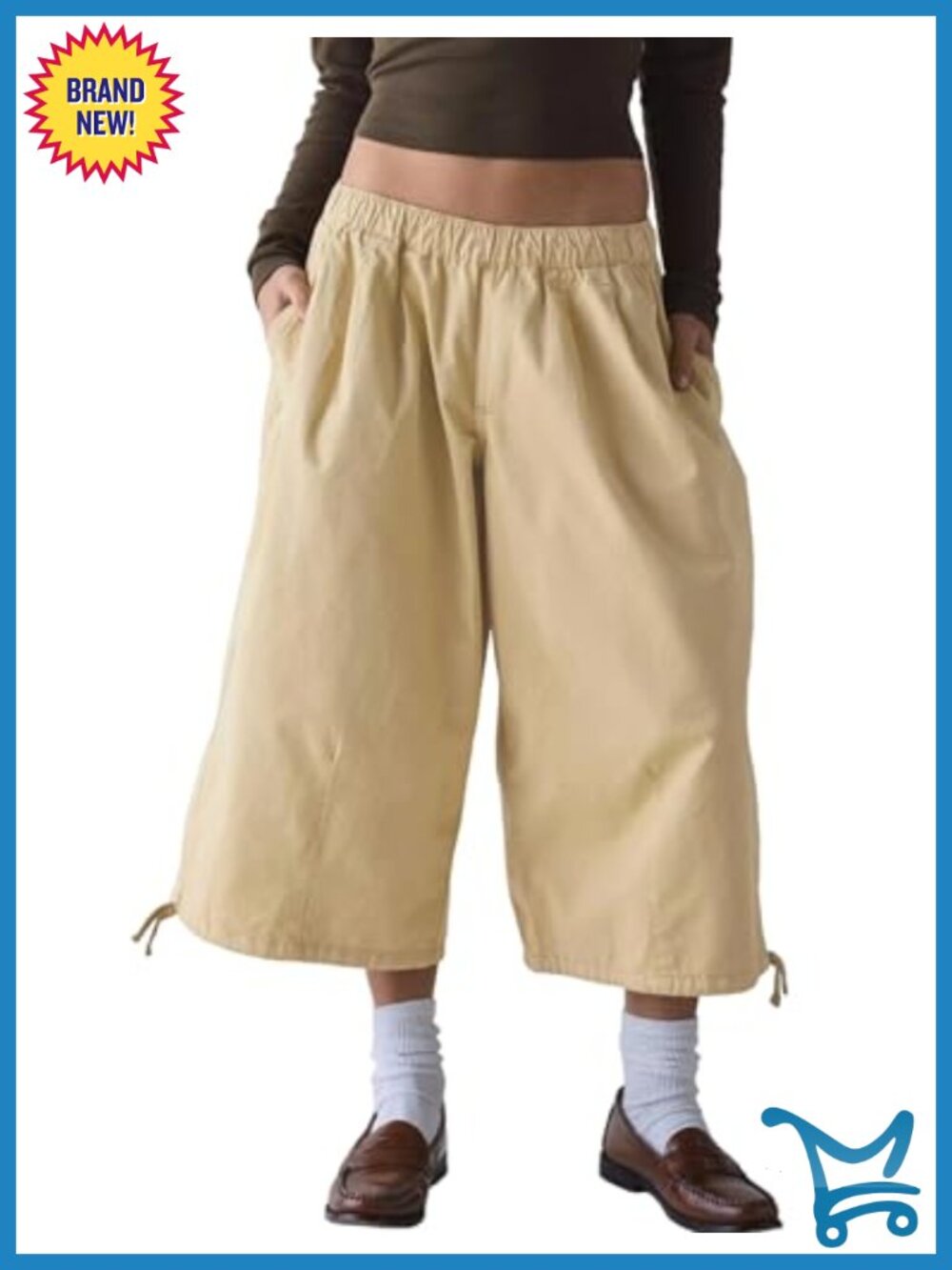 Women's Wide Leg Cargo Capris Pants Elastic Waist Baggy Cropped Pants